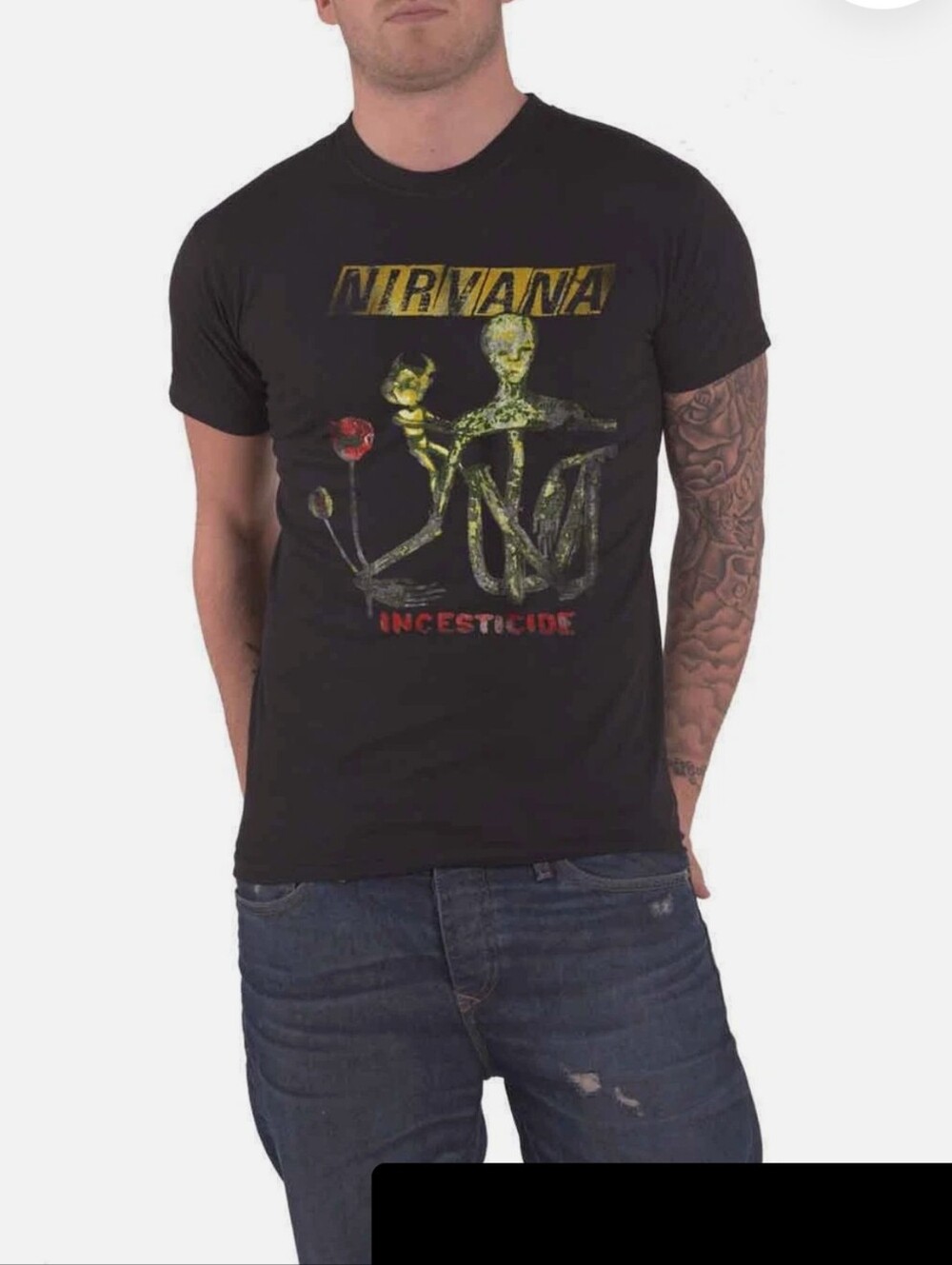 Hot Topic Black Nirvana Incesticide Graphic Tee with Yellow & Red Print NWT